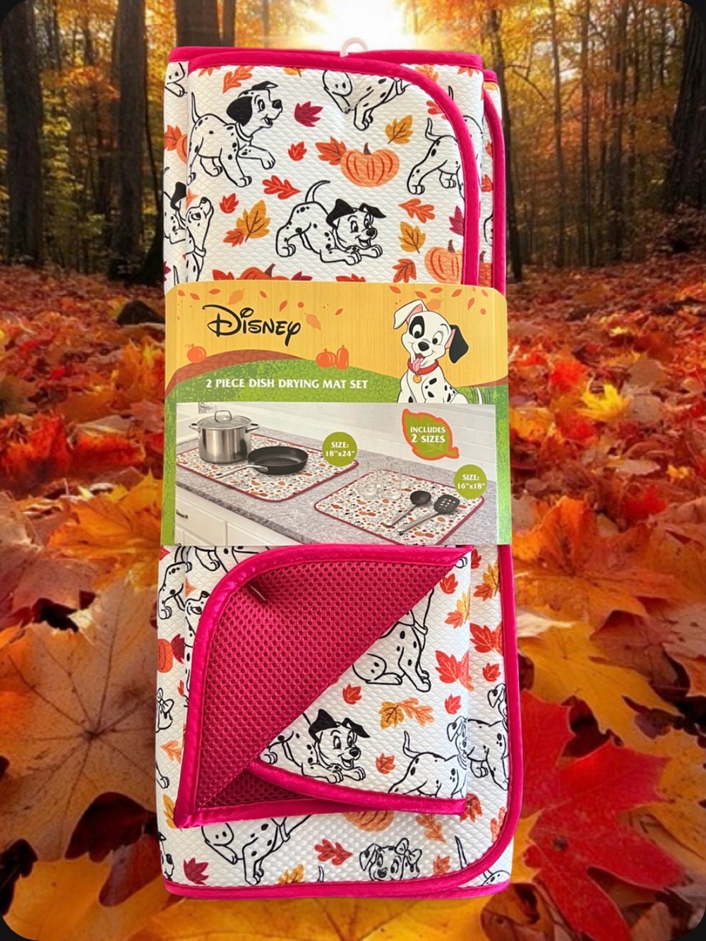 Disney Dalmatian Autumn Dish Drying Mat Set in White and Pink